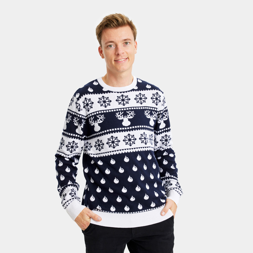 Jersey de Navidad Hombre con Renos y Nieve Azul