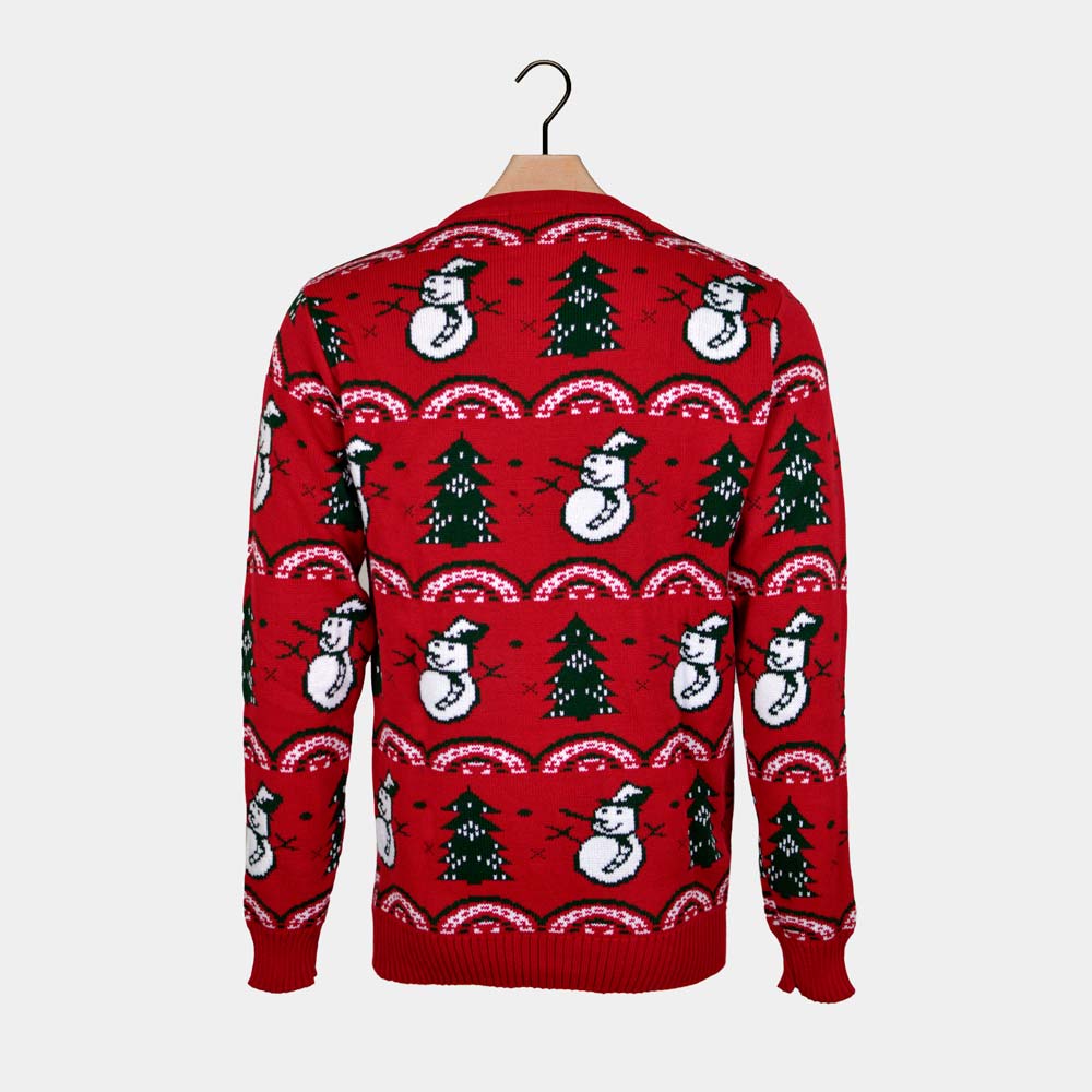 Jersey de Navidad para Hombre Rojo con Pinos y Muñecos de Nieve Espalda