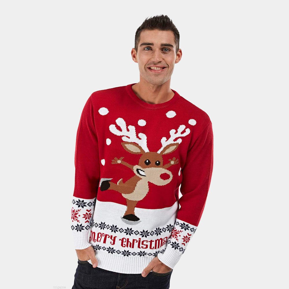 Jersey de Navidad para Hombre Rojo con Reno Patinando