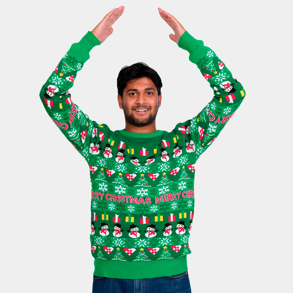 Jersey de Navidad Hombre Verde con Árboles y Muñecos de Nieve