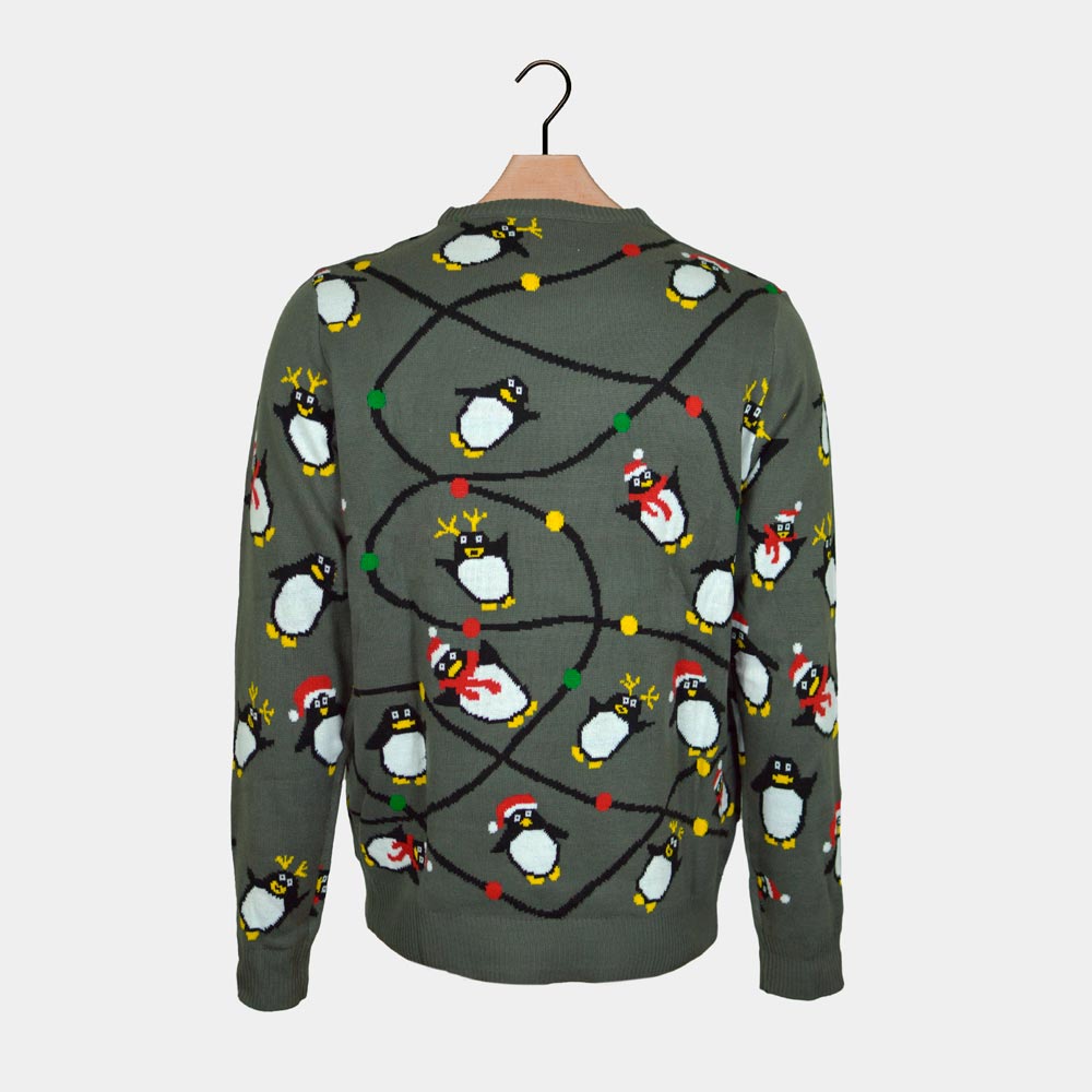 Jersey de Navidad con Luces LED para Hombre Gris con Pingüinos Espalda