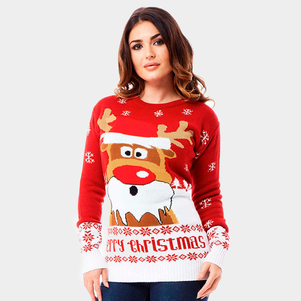 Jersey de Navidad para Mujer Rojo con Reno Rudolph