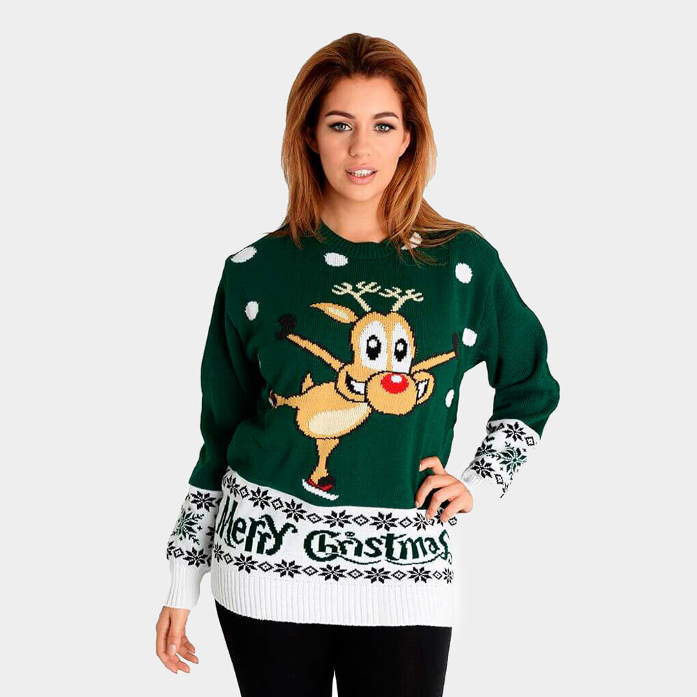 Jersey de Navidad para Mujer Verde con Reno Patinando