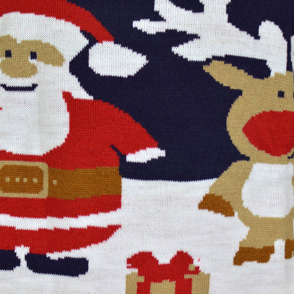 Jersey de Navidad Niña y Niño Azul Papá Noel y Reno Rudolph Detalle