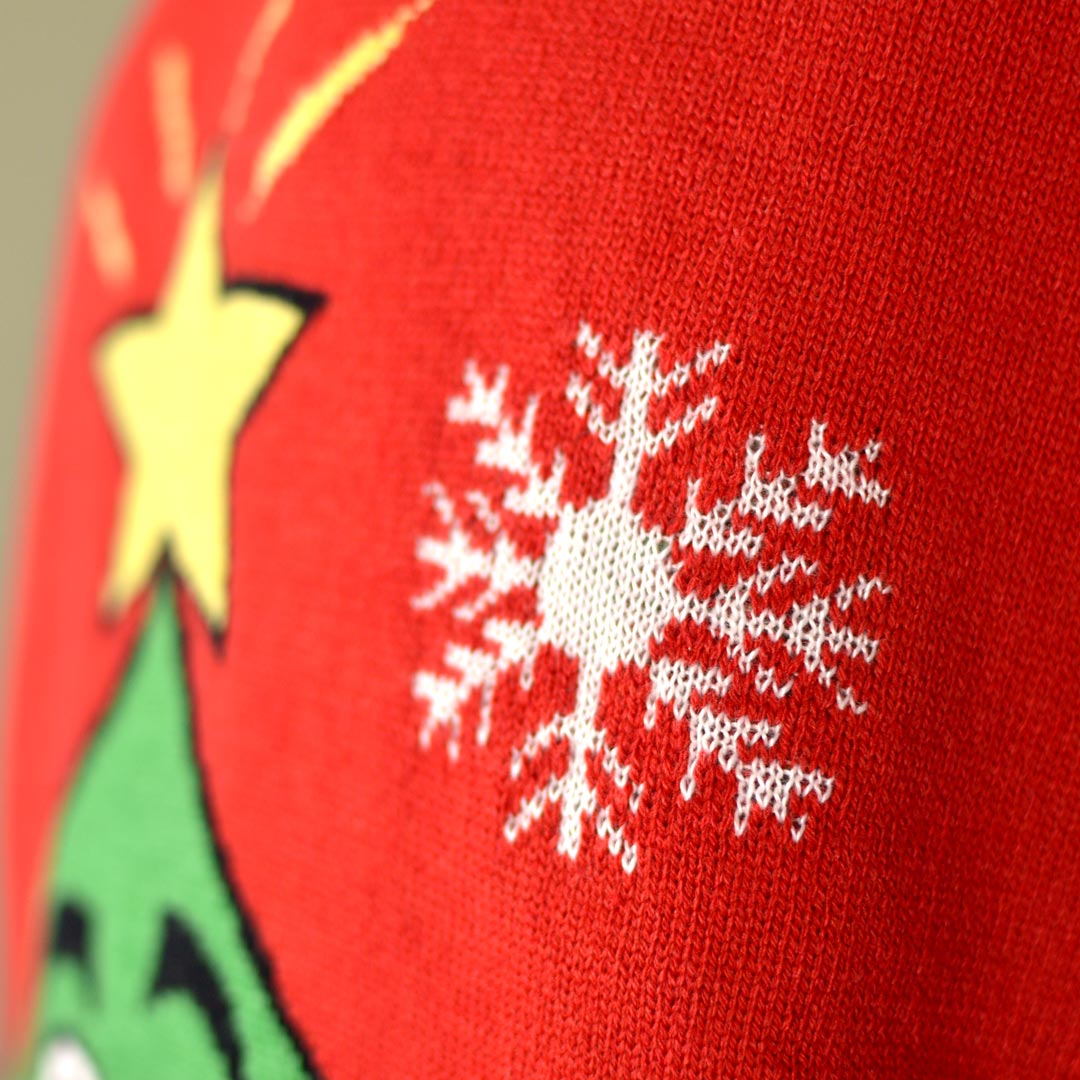 Jersey de Navidad para Familia Árbol de Navidad Sonriente Rojo Detalle Nieve