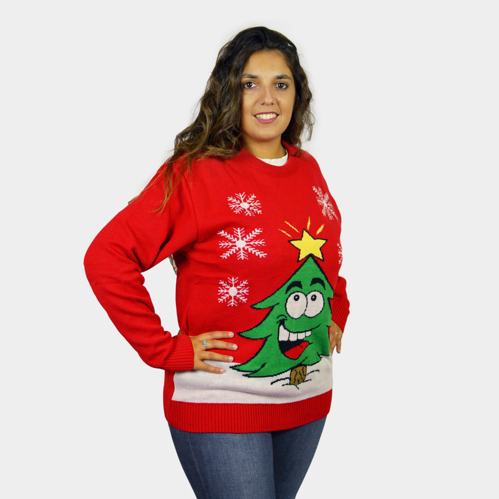 Jersey de Navidad para Familia Árbol de Navidad Sonriente Rojo Mujer