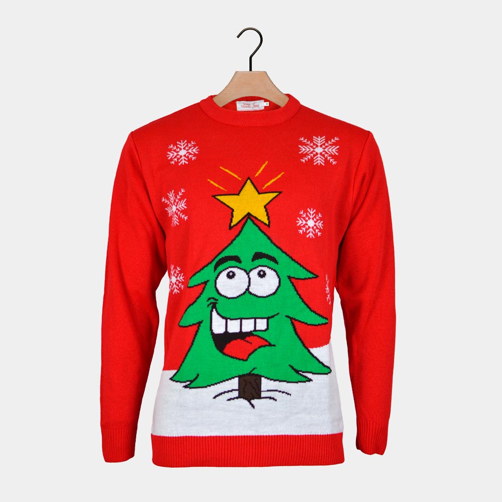 Jersey de Navidad para Familia Árbol de Navidad Sonriente Rojo