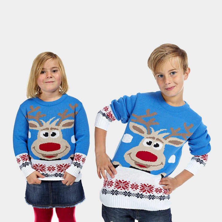 Jersey de Navidad para Familia Azul Claro con Reno y Nieve