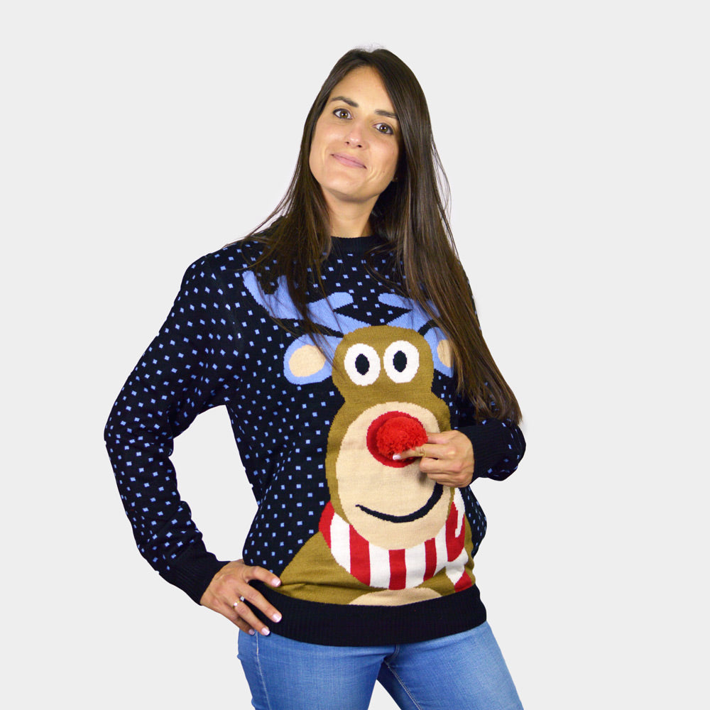 Jersey de Navidad para Familia Azul Reno Rodolfo con Nariz Roja en 3D mujer