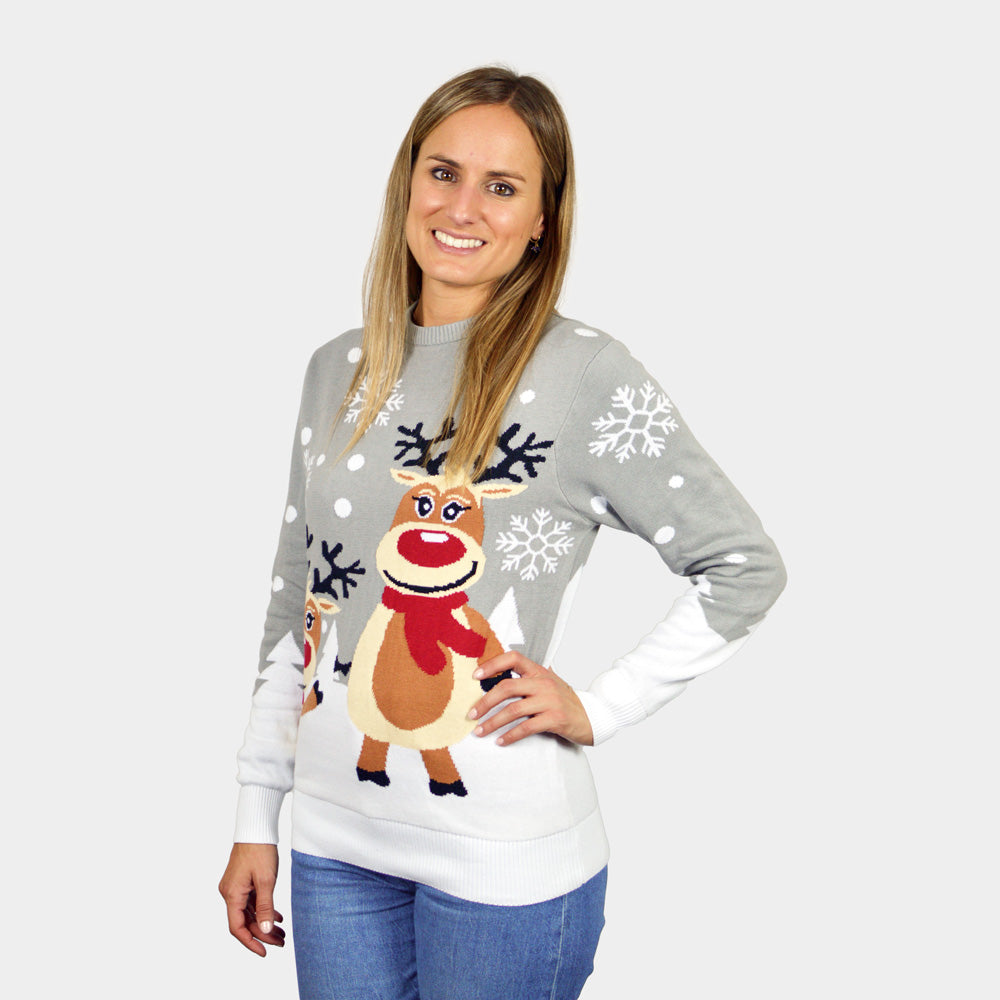 Jersey de Navidad para Familia Gris con Renas Cute Mujer