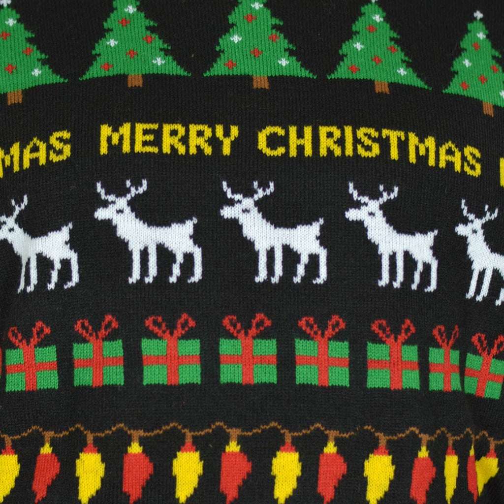 Jersey de Navidad para Familia Negro con Árboles, Renos y Regalos Detalle Christmas