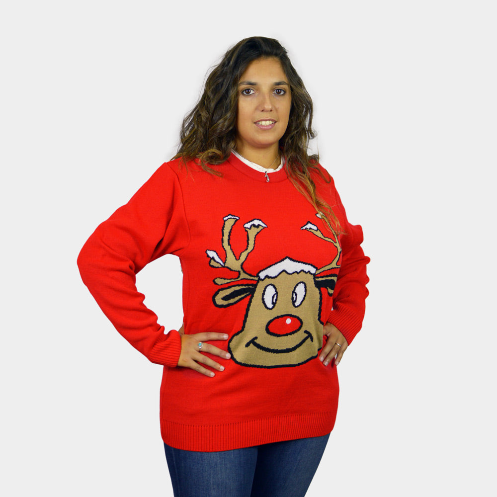 Jersey de Navidad para Familia Reno Sonriente Rojo Mujer