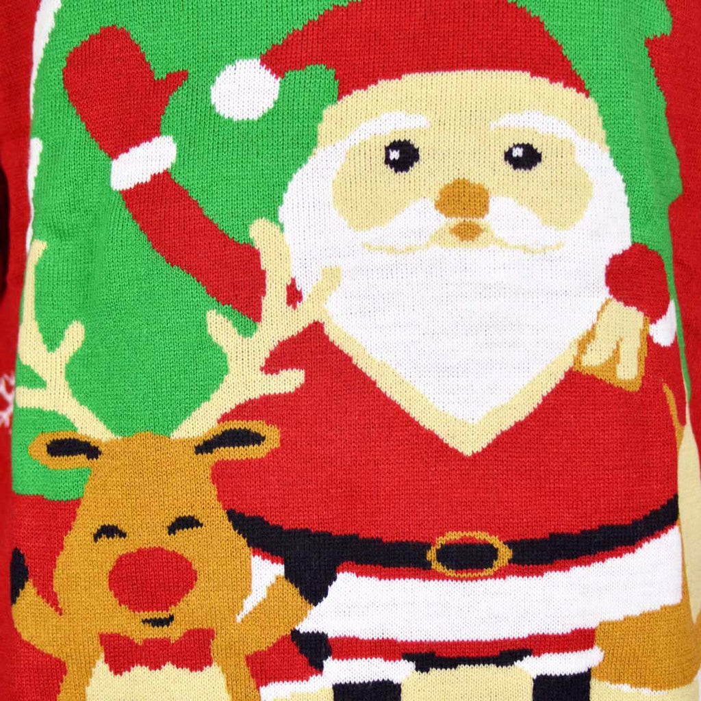 Jersey de Navidad para Familia Rojo con Santa Claus y Reno Saludando Detalle