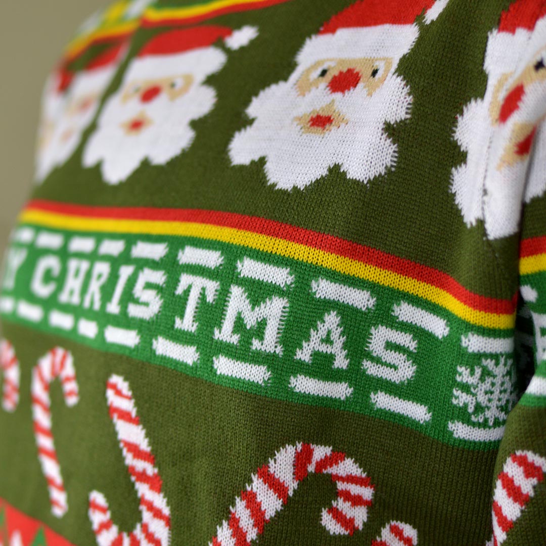 Jersey de Navidad para Familia Verde con Santa y Regalos Detalle