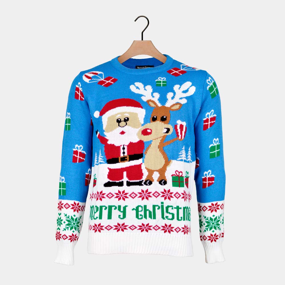 Jersey de Navidad para Hombre Azul Claro Reno y Papá Noel