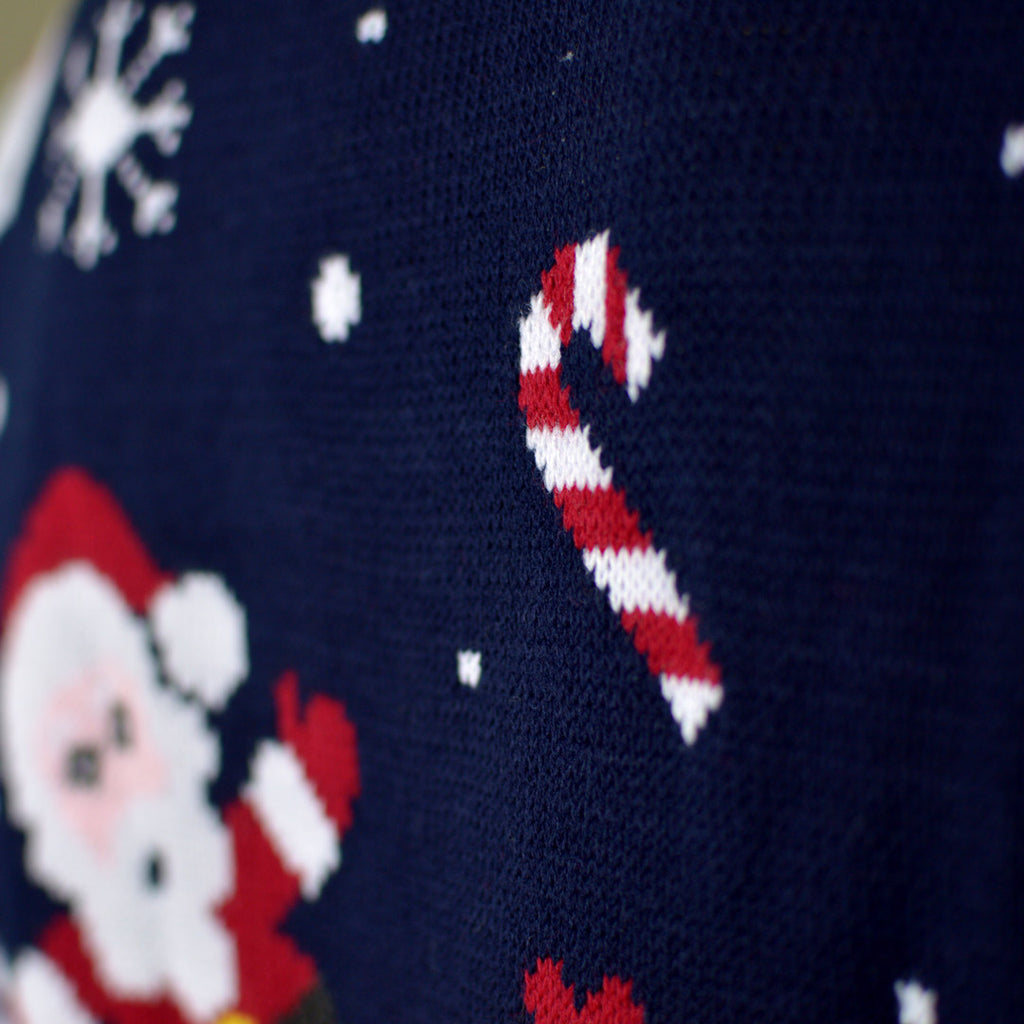 Jersey de Navidad para Hombre Azul Marino Papá Noel y Muñecos de Nieve Detalle
