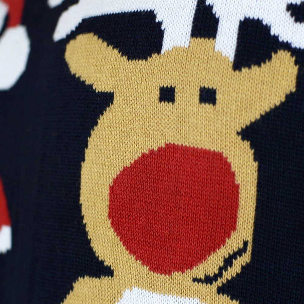 Jersey de Navidad para Hombre Azul Papá Noel y Reno Rudolph Detalle