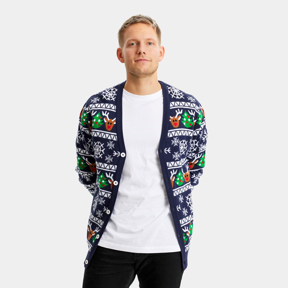 Jersey de Navidad para Hombre Cárdigan Azul con Renos y Árboles