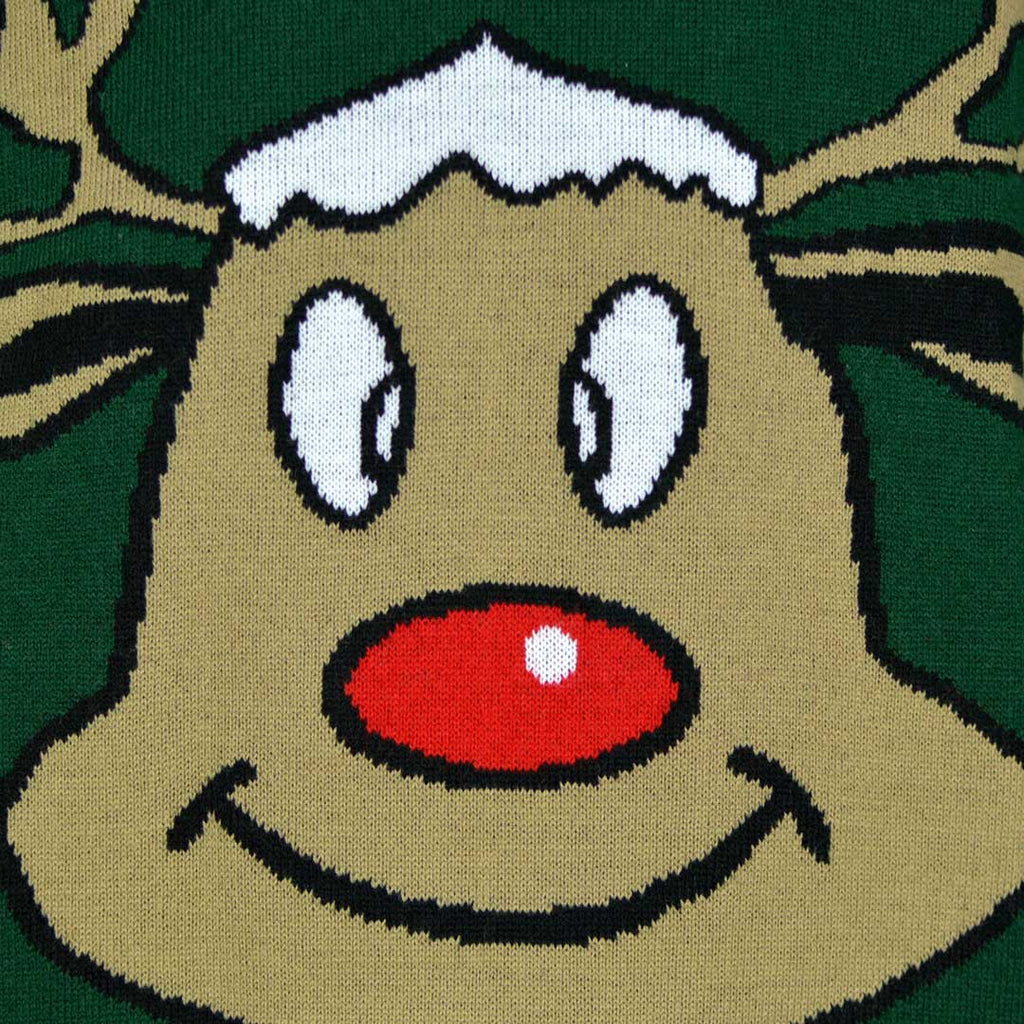 Jersey de Navidad para Hombre Reno Sonriente Verde Detalle Reno