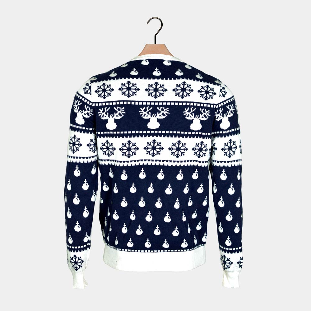 Jersey de Navidad para Hombre con Renos y Nieve Azul Espalda