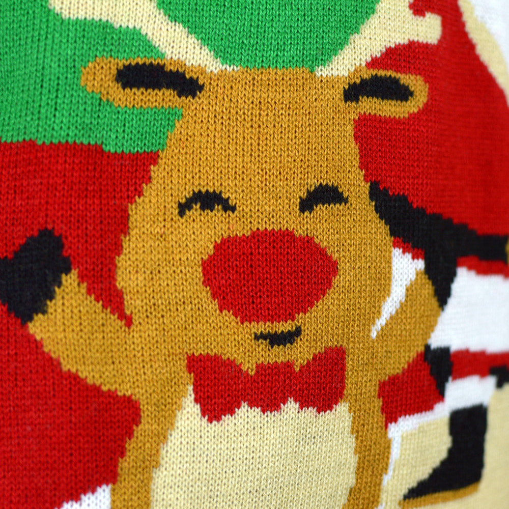 Jersey de Navidad para Hombre Rojo con Santa Claus y Reno Saludando Detalle Nieve