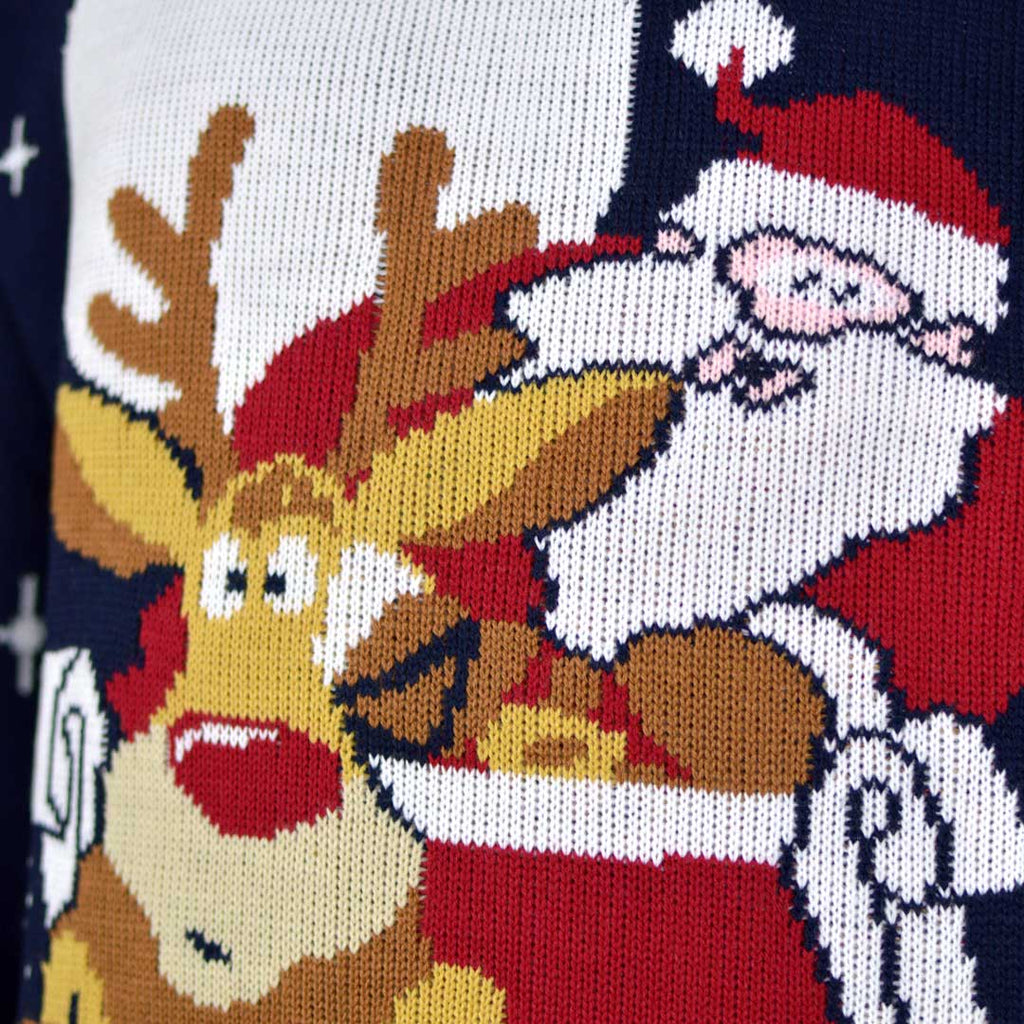 Jersey de Navidad para Hombre Santa y Rudolph en Trineo Detalle