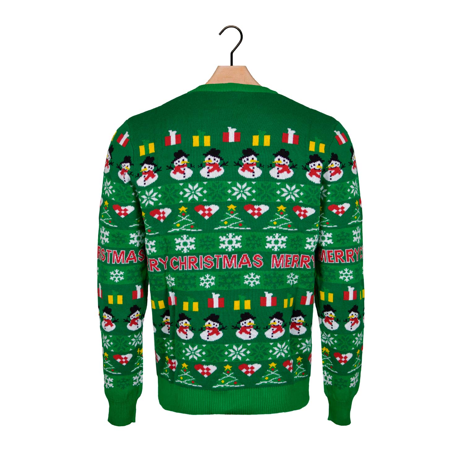 Jersey de Navidad para Hombre Verde con Árboles y Muñecos de Nieve Espalda