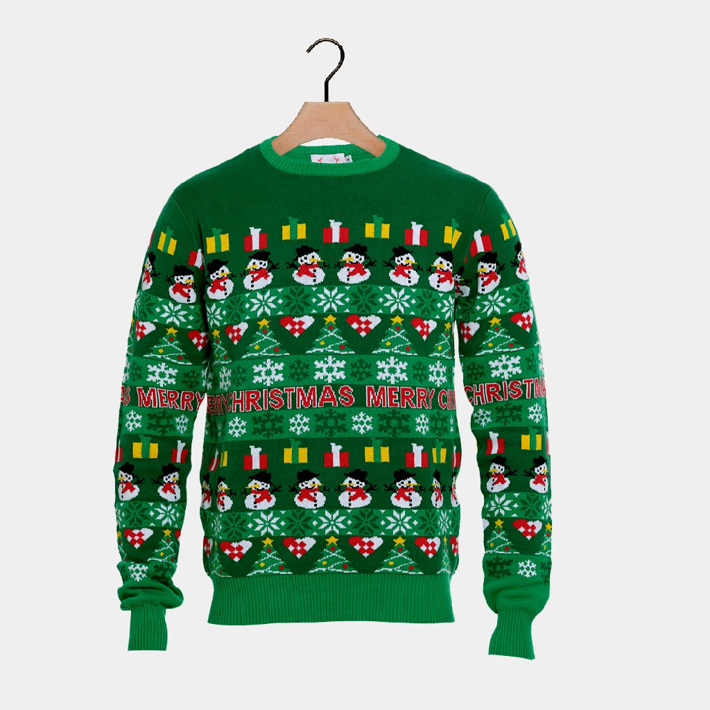 Jersey de Navidad para Hombre Verde con Árboles y Muñecos de Nieve