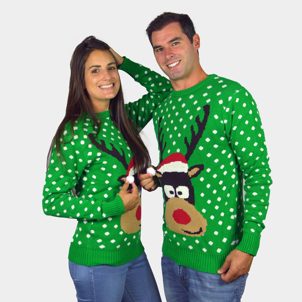 Jersey de Navidad para Hombre Verde Reno con Gorro en 3D parejas