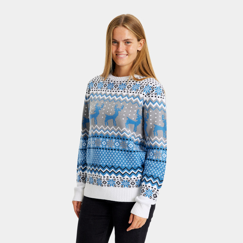 Jersey de Navidad Mujer Blanco, Gris y Azul con Renos Elegante