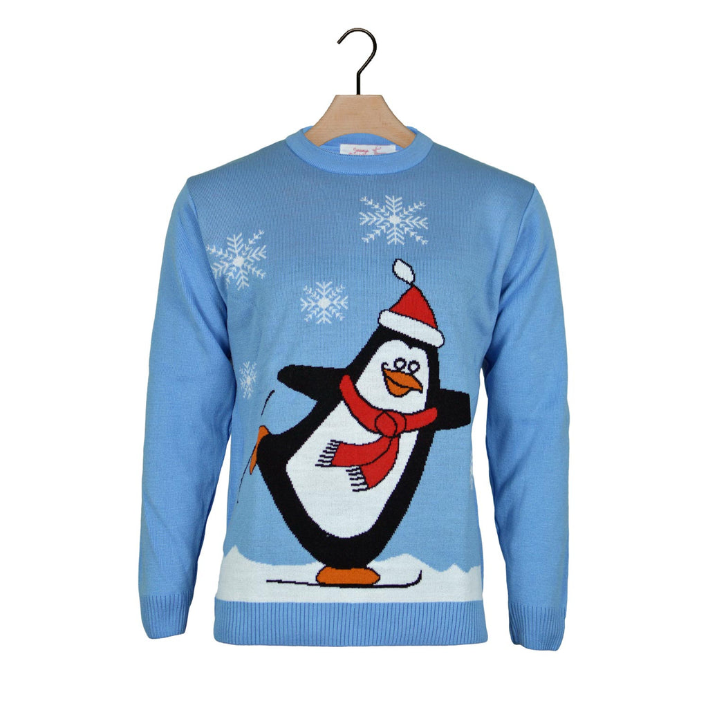 Jersey de Navidad para Mujer Pingüino Azul Claro