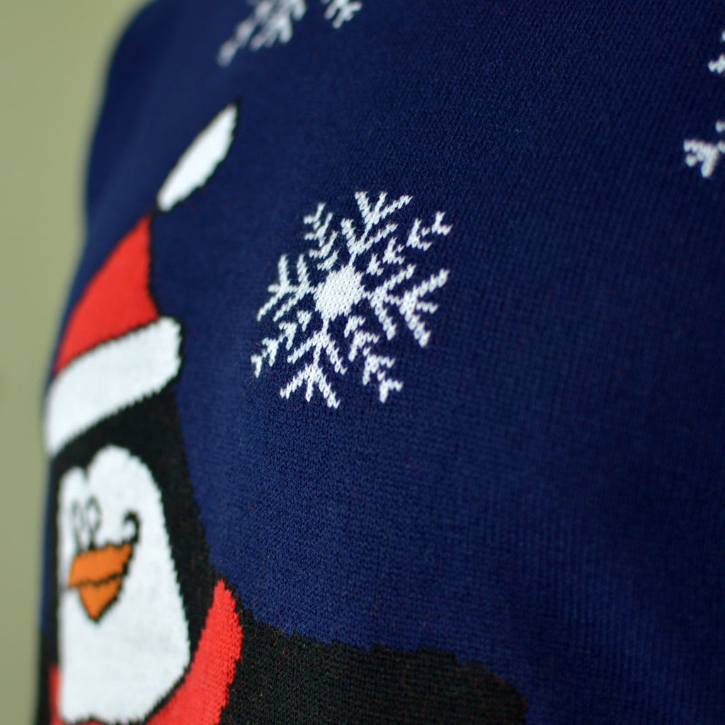 Jersey de Navidad para Mujer Pingüino Azul Marino Detalle Nieve
