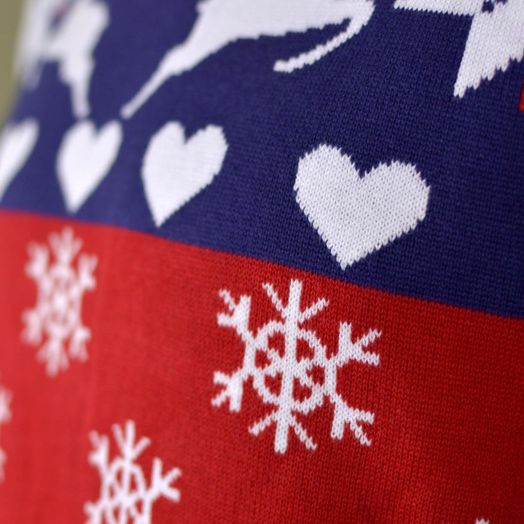 Jersey de Navidad para Mujer Renos y Corazones Azul y Rojo Detalle Nieve