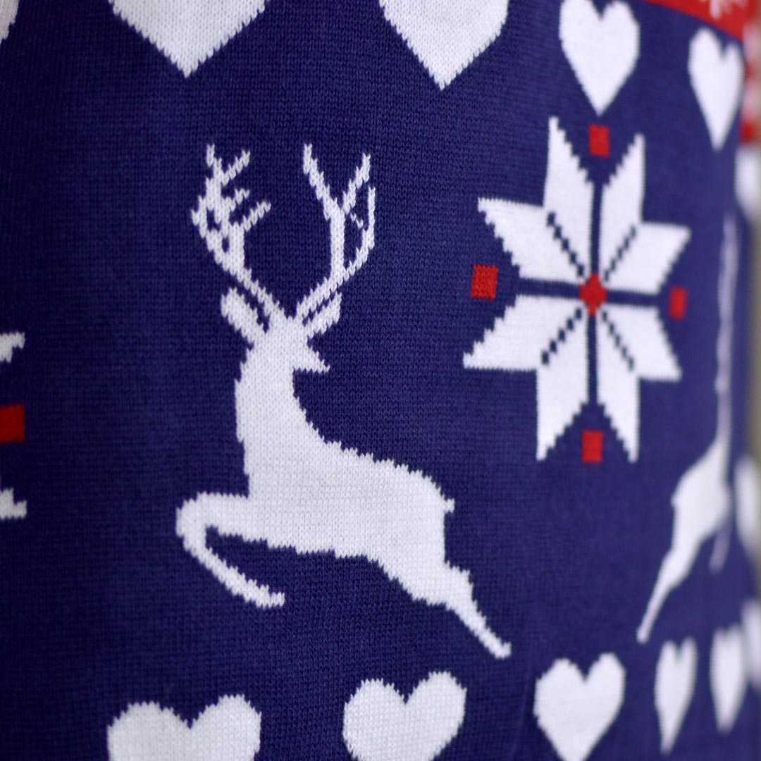 Jersey de Navidad para Niña y Niño Renos y Corazones Azul y Rojo Detalle