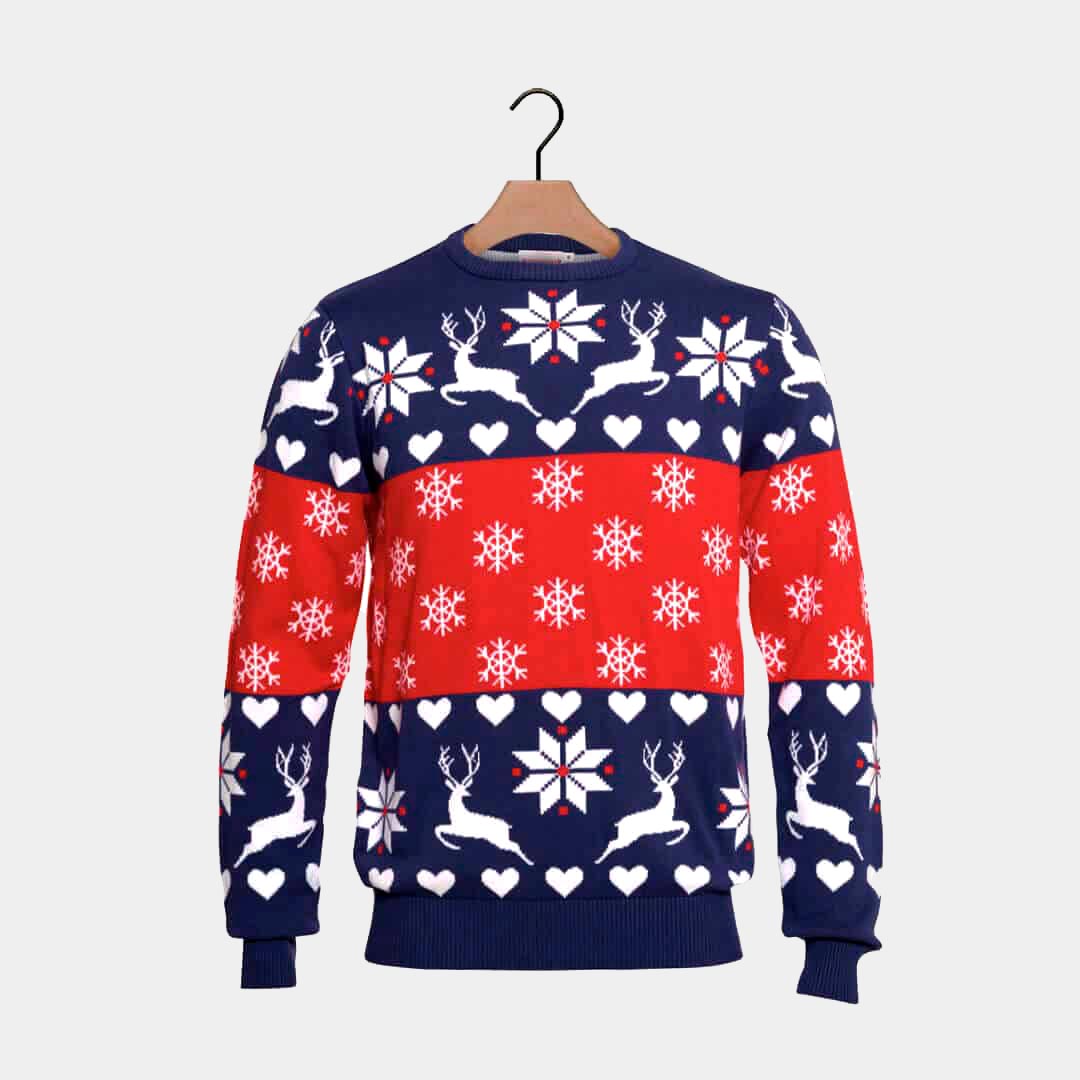 Jersey de Navidad para Niña y Niño Renos y Corazones Azul y Rojo