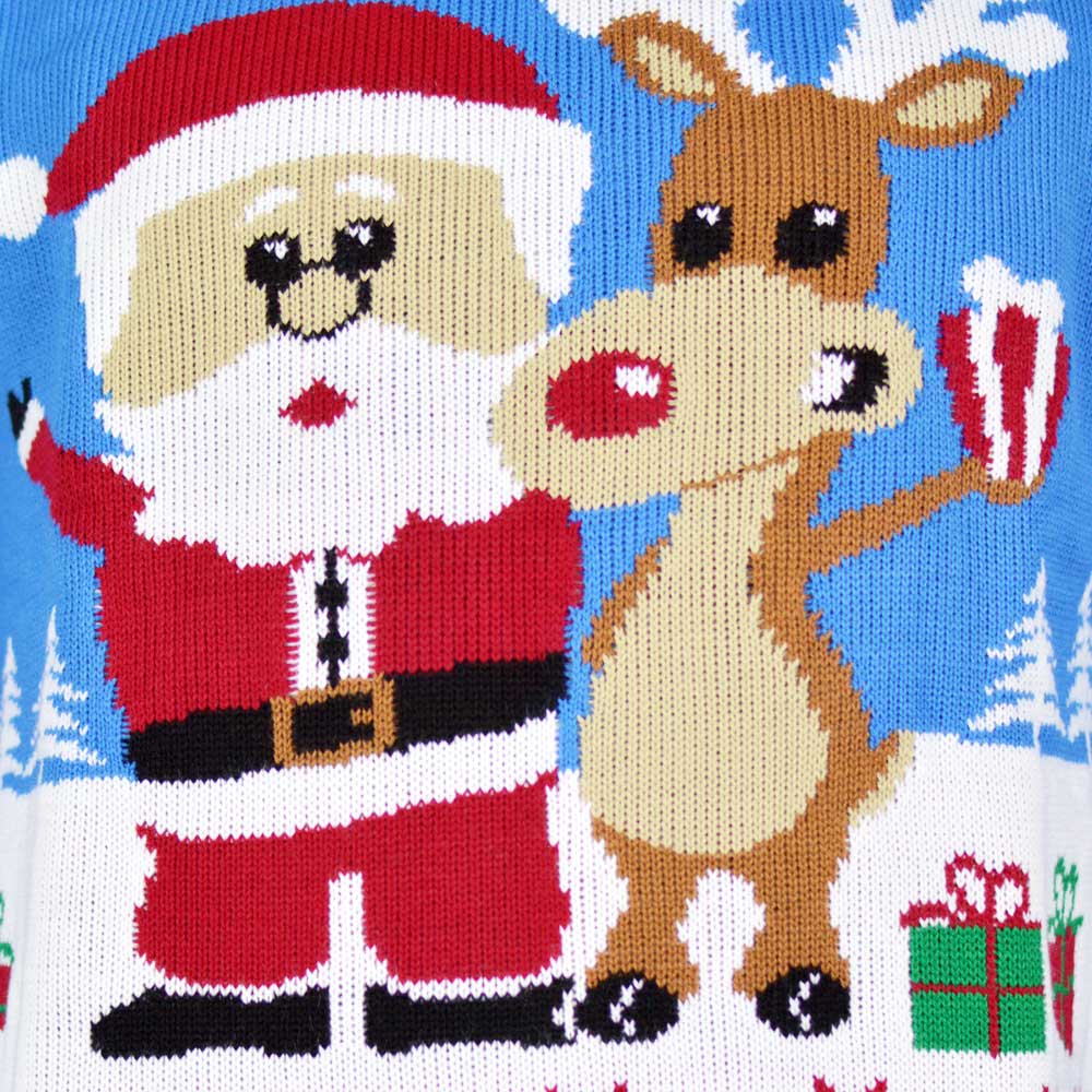 Jersey de Navidad Parejas Azul Claro con Reno Rudolph y Papá Noel Detalle
