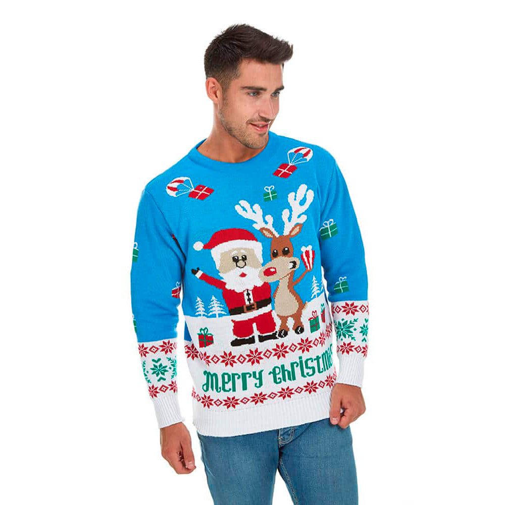 Jersey de Navidad Parejas Azul Claro con Reno Rudolph y Papá Noel Hombre