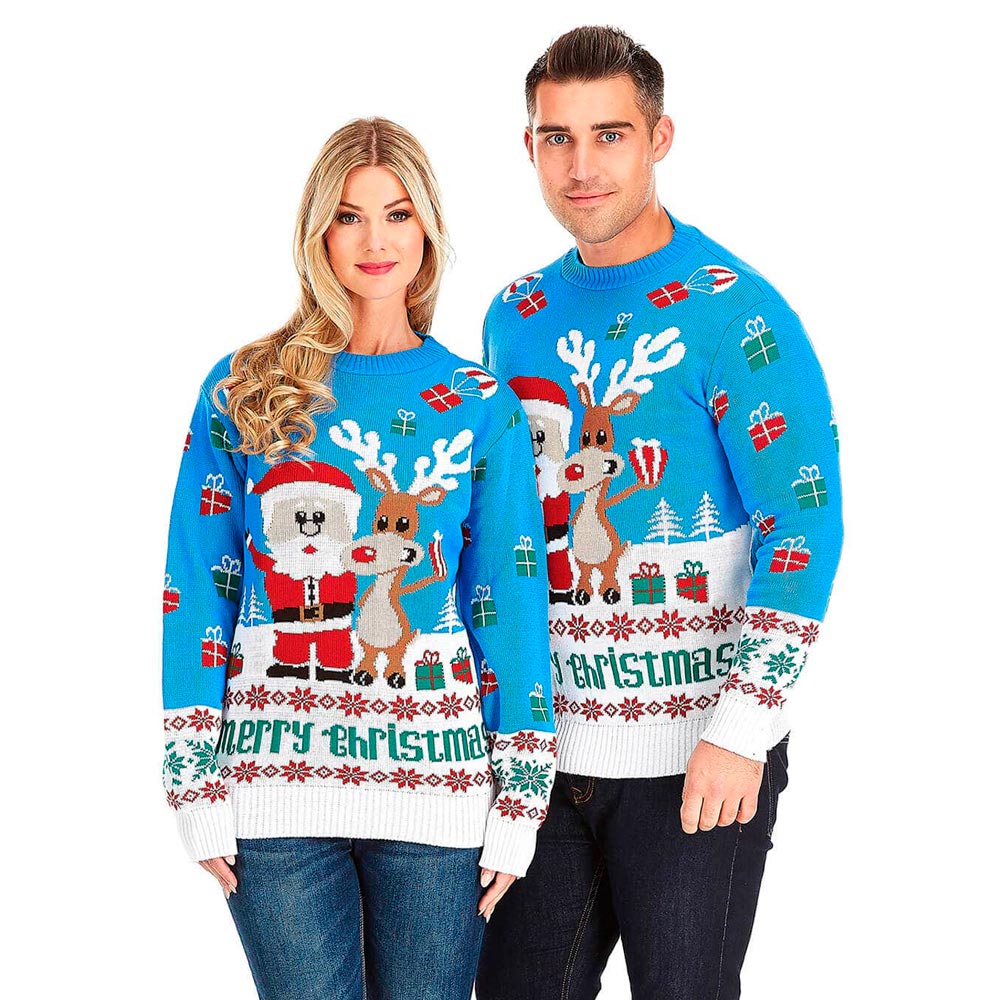 Jersey de Navidad Parejas Azul Claro con Reno Rudolph y Papá Noel