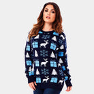 Jersey de Navidad Parejas Azul con Renos, Regalos y Pinos Mujer