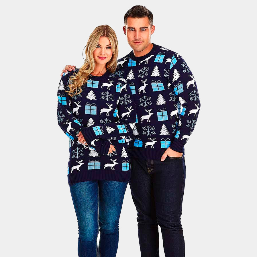 Jersey de Navidad Parejas Azul con Renos, Regalos y Pinos