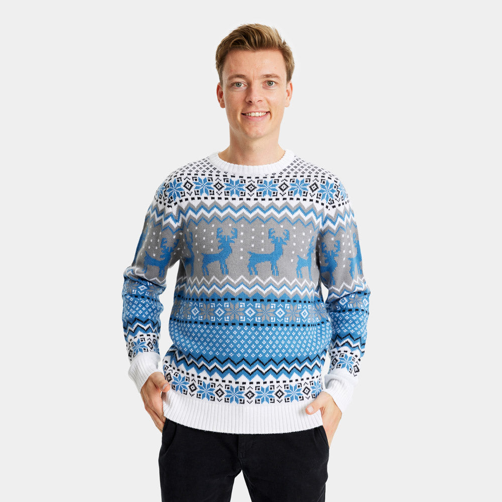 Jersey de Navidad Parejas Blanco, Gris y Azul con Renos Elegante Hombre