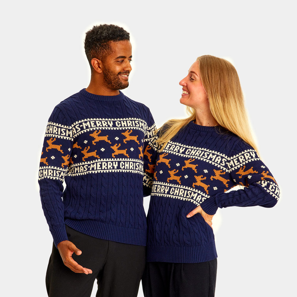 Jersey de Navidad Parejas Elegante Azul con Renos