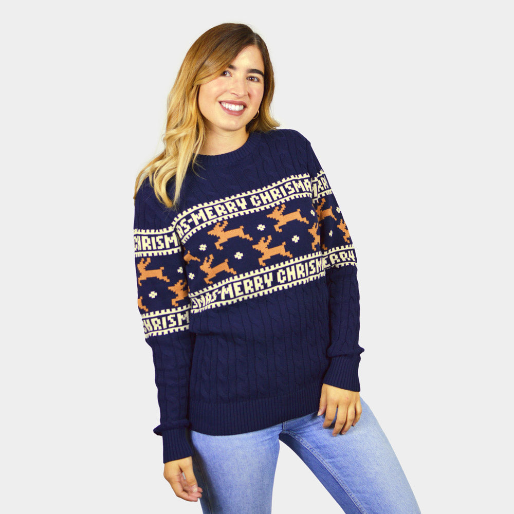 Jersey de Navidad Parejas Elegante Azul con Renos mujer