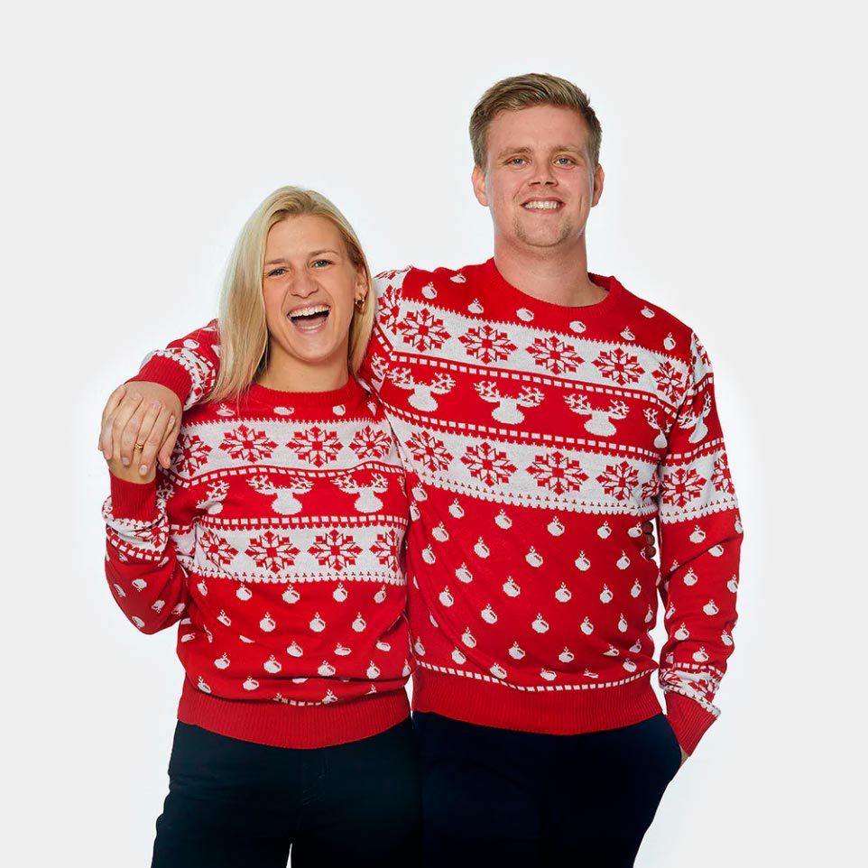 Jersey de Navidad Parejas con Renos y Nieve Rojo Parejas