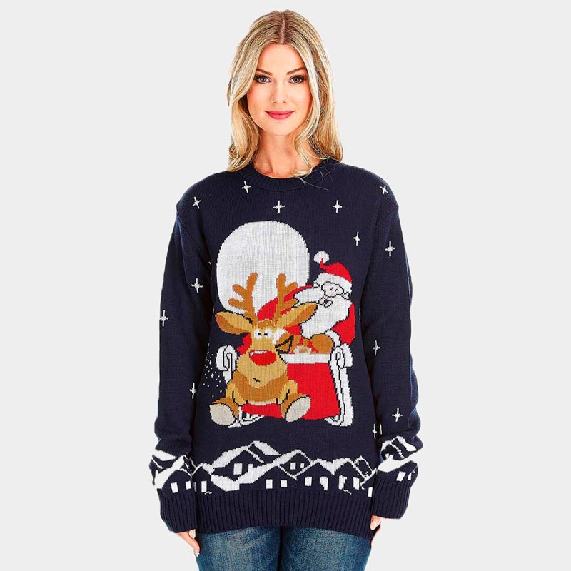 Jersey de Navidad Parejas Santa y Rudolph en Trineo Mujer