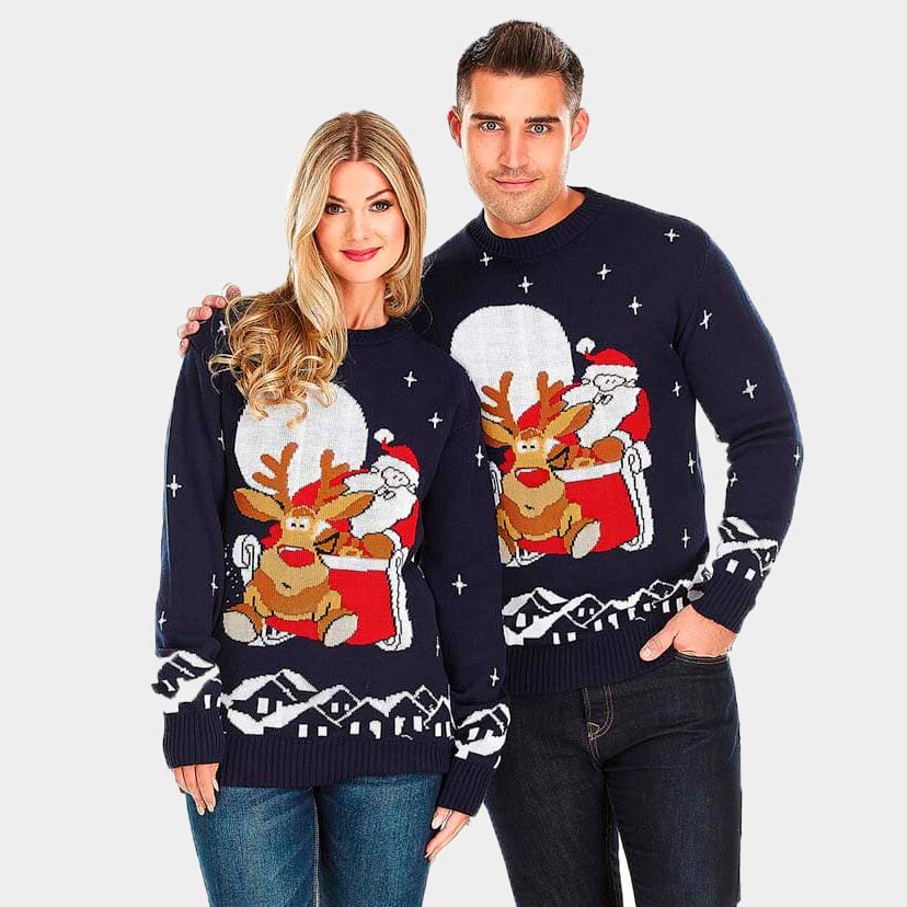 Jersey de Navidad Parejas Santa y Rudolph en Trineo