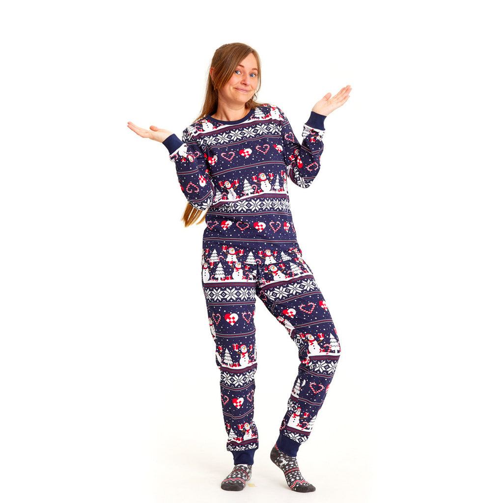 Pijama de Navidad Adultos Unisex Azul con Muñecos de Nieve y Corazones