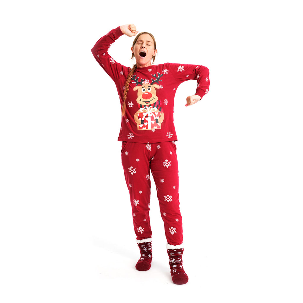 Pijama de Navidad Adultos Unisex Rojo Reno Rodolfo Mujer