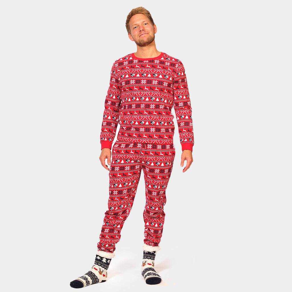 Pijama de Navidad Adultos Unisex Rojo con Renos y Árboles Hombre