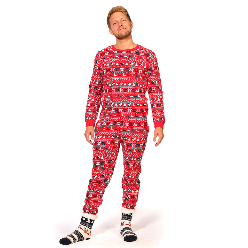 Pijama de Navidad Adultos Unisex Rojo con Renos y Árboles Hombre